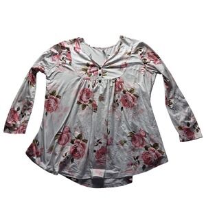 ALLEGRACE Blouse Womens Plus 2X White Henley Long Sleeve Floral Tunic Top